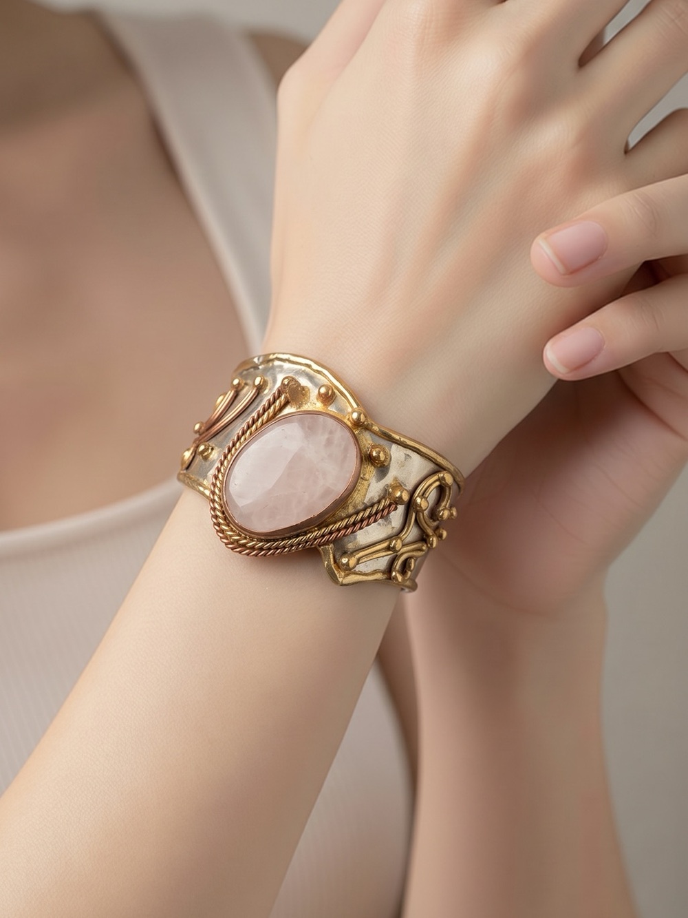 Vintage Gold Cuff Bracelet with Pink Stone